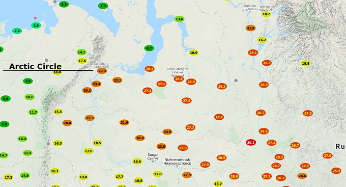 Карта температуры воздуха над Западной Сибирью