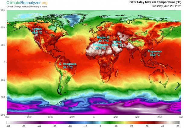 Карта абсолютных температур на планете Земля 29 июня 2021 года