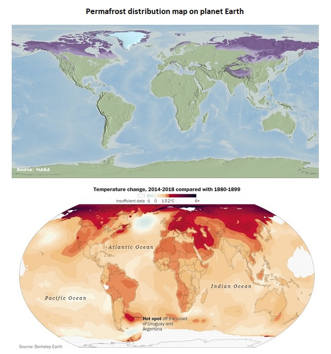 The map of permafrost on our planet and the map of global warming