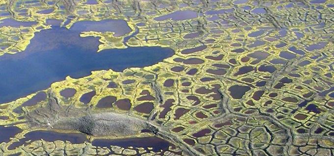 Thermokarst lakes on the surface of the tundra, which covers a glacier
