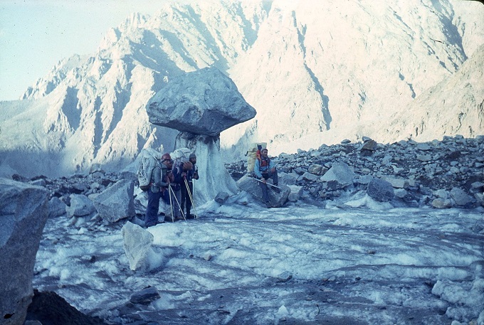 Stone mushroom on a glacier in the Pamir mountains